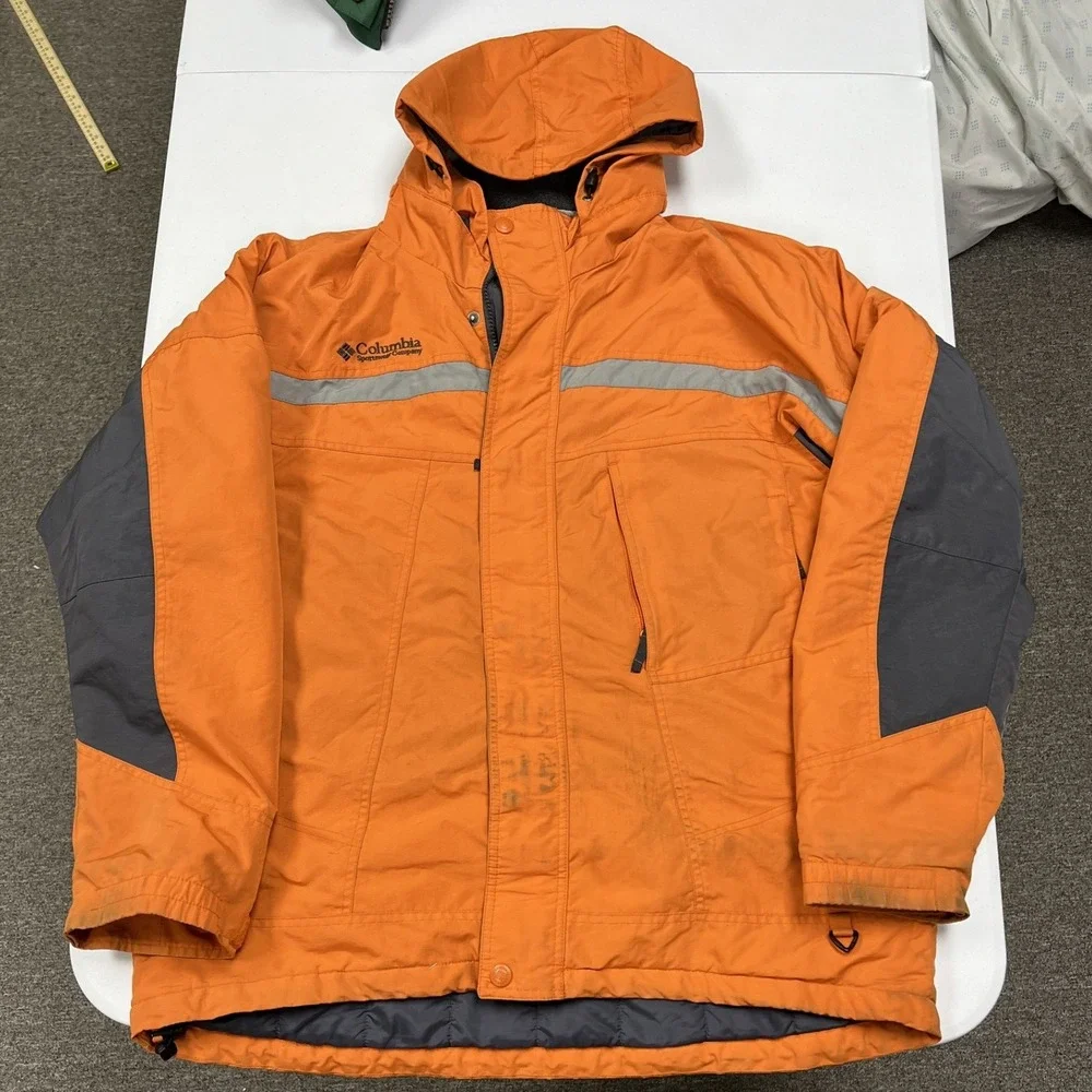 Columbia Hooded Parka Jacket Mens Large Orange Reflective Safety Stripe B2